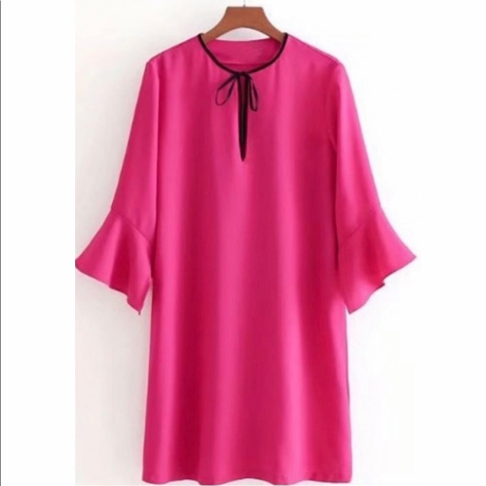 Simple Plain Bow Neck Ruffle Sleeve Mini Shift Dress